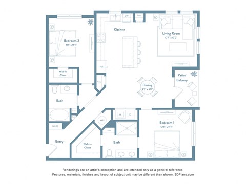 Floor plan for 2 beds, 2 baths, 1257 sqft